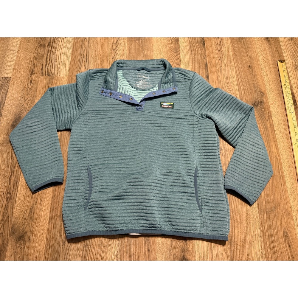 LL Bean Shirts Women Size Medium Petite Blue Fleece Snap Neck Striped Pullover